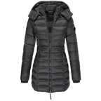 Women’s hooded puffer down jacket in black with full-zip front and long sleeves.