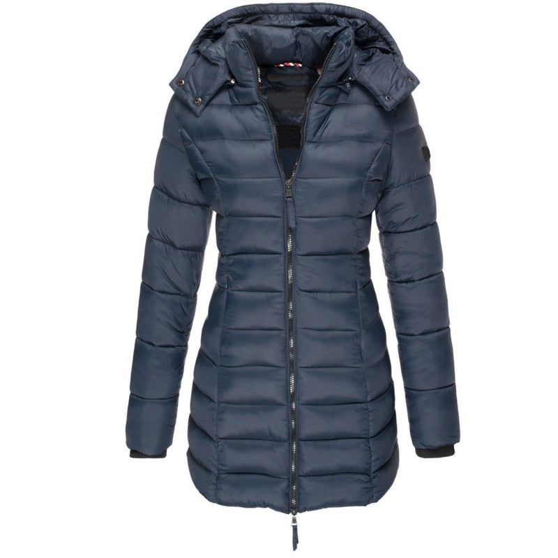 Women’s hooded puffer down jacket in dark blue with full-zip front and long sleeves.