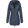 Women’s hooded puffer down jacket in dark blue with full-zip front and long sleeves.