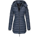Women’s hooded puffer down jacket in dark blue with full-zip front and long sleeves.