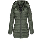 Women’s hooded puffer down jacket in dark green with full-zip front and long sleeves.