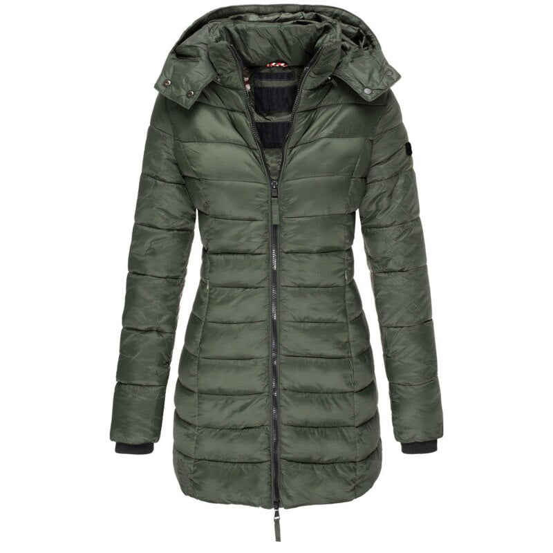 Women’s hooded puffer down jacket in dark green with full-zip front and long sleeves.