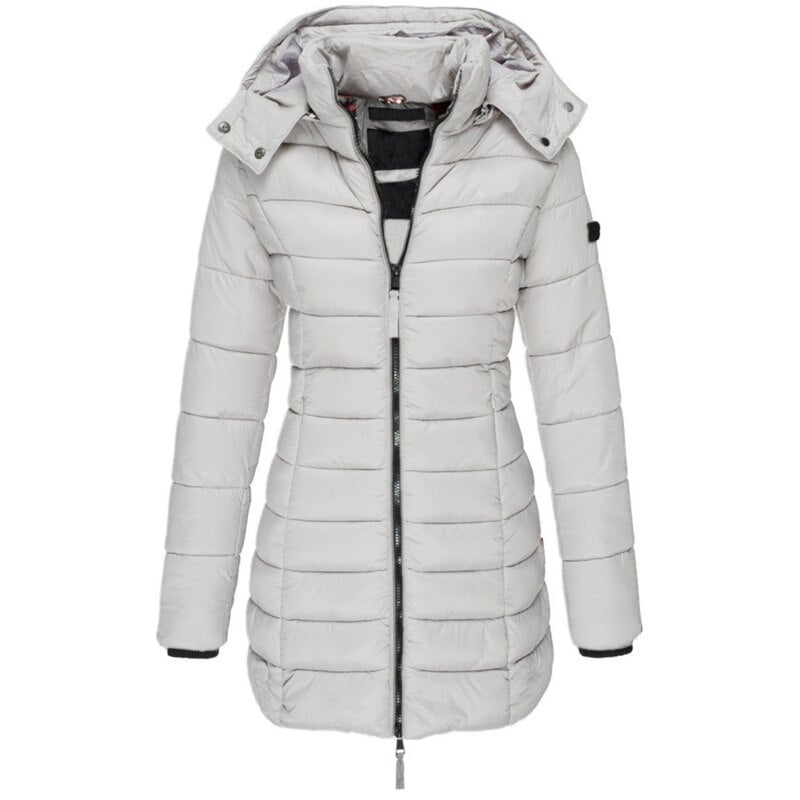 Women’s hooded puffer down jacket in light gray with full-zip front and long sleeves.