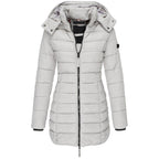Women’s hooded puffer down jacket in light gray with full-zip front and long sleeves.