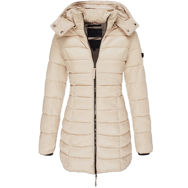 Women’s hooded puffer down jacket in light beige with full-zip front and long sleeves.