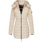 Women’s hooded puffer down jacket in light beige with full-zip front and long sleeves.