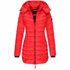 Women’s hooded puffer down jacket in red with full-zip front and long sleeves.