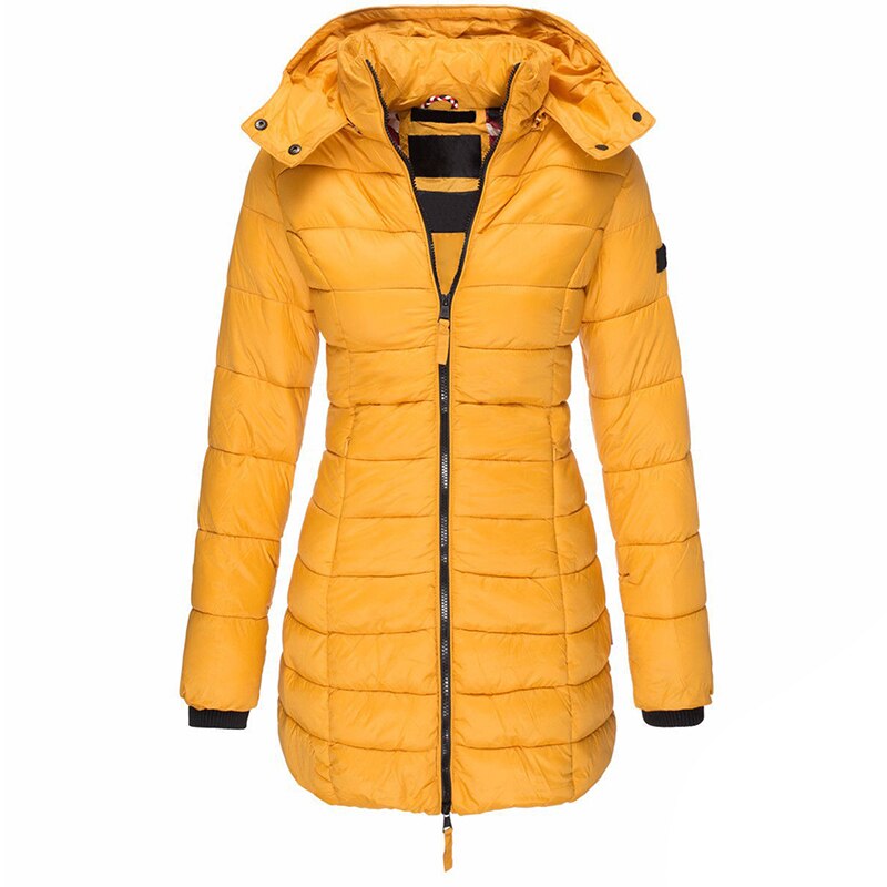 Women’s hooded puffer down jacket in yellow with full-zip front and long sleeves.