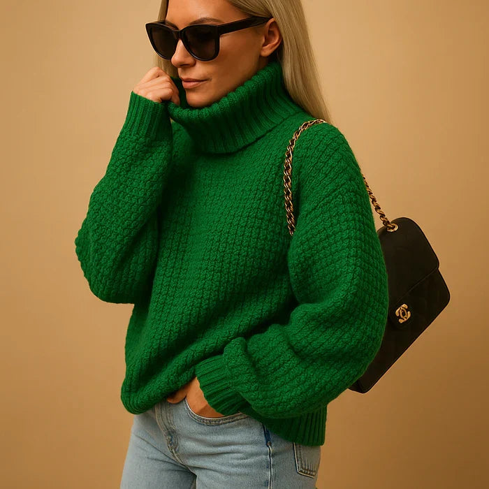 Women’s thick knit turtleneck sweater, green chunky texture, long sleeves.