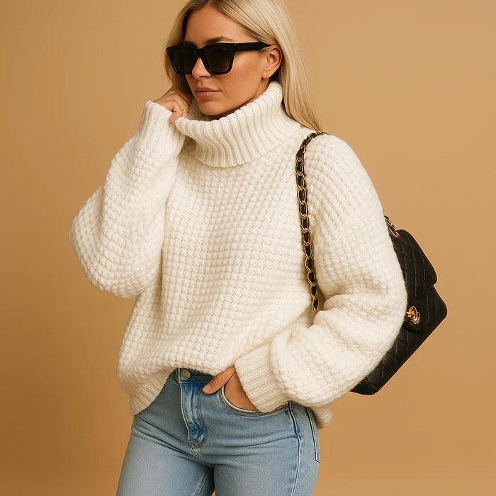 Women’s thick knit turtleneck sweater, white chunky texture, long sleeves.