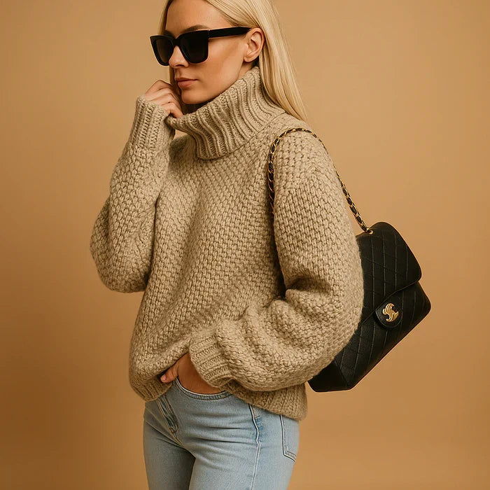 Women’s thick knit turtleneck sweater, beige chunky texture, long sleeves.