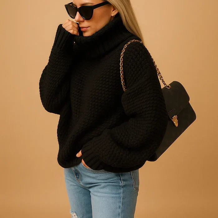 Women’s thick knit turtleneck sweater, black chunky texture, long sleeves.
