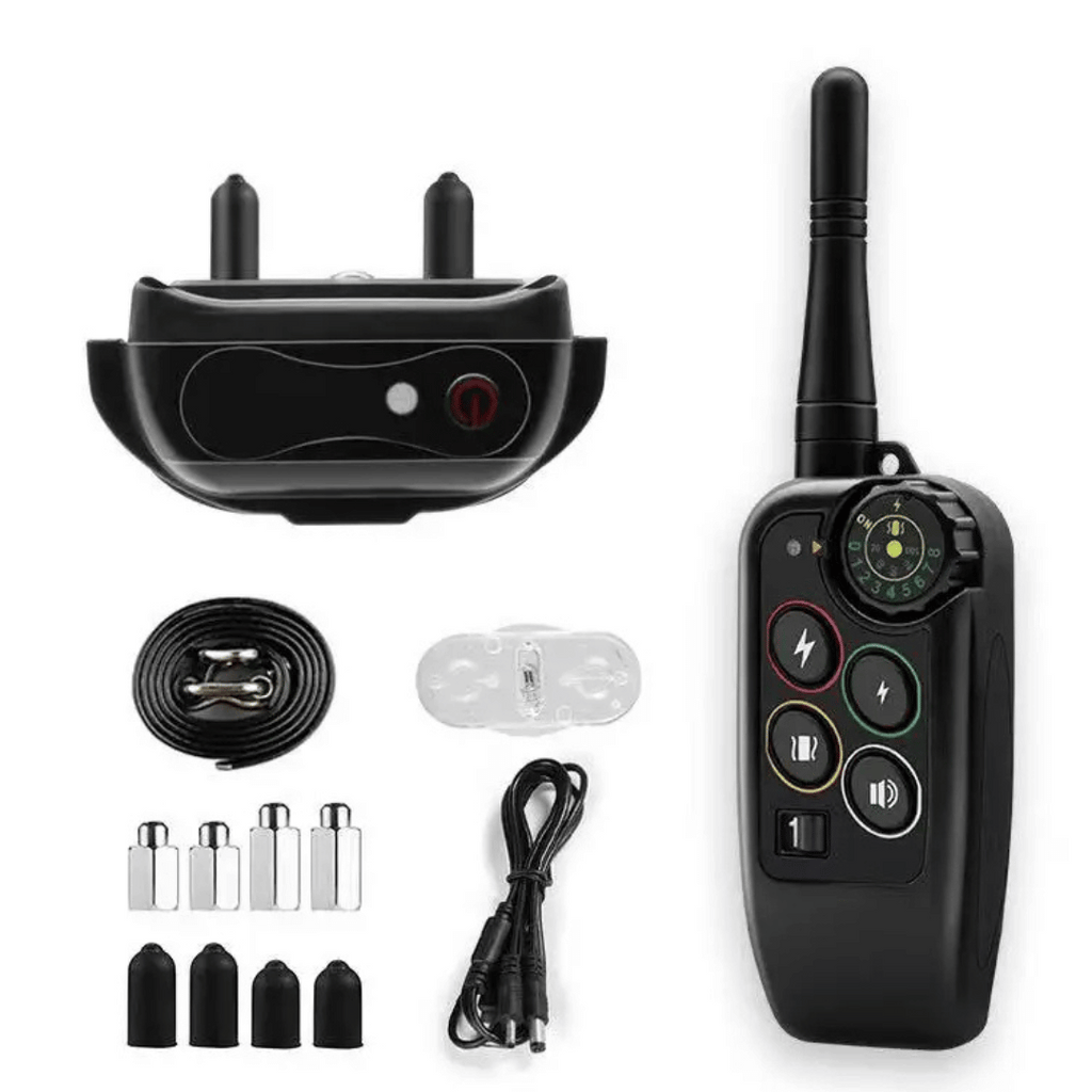 Black dog training e-collar kit with remote, collar receiver, and charging accessories