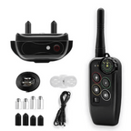 Black dog training e-collar kit with remote, collar receiver, and charging accessories