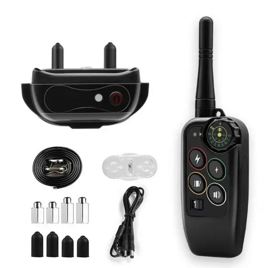 Black dog training e-collar kit with remote, collar receiver, and charging accessories