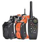 PetSpy waterproof dog training remote with orange and black collar receivers and antenna