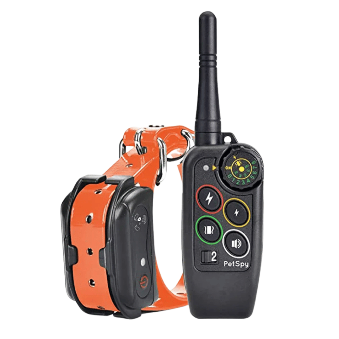 Orange and black waterproof dog training e-collar system with remote and collar receivers
