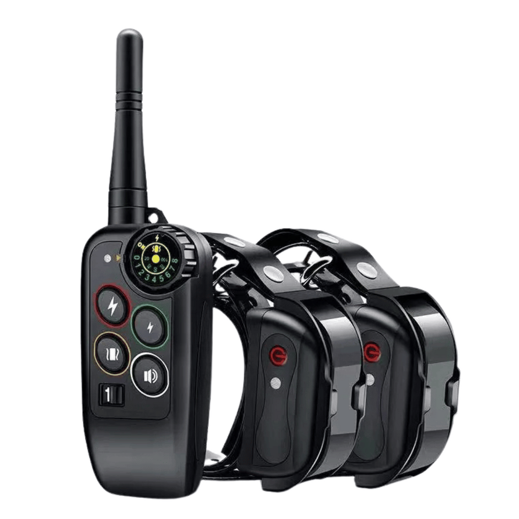 Black waterproof dog training remote with antenna and multiple collar receivers