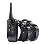 Black waterproof dog training remote with antenna and multiple collar receivers