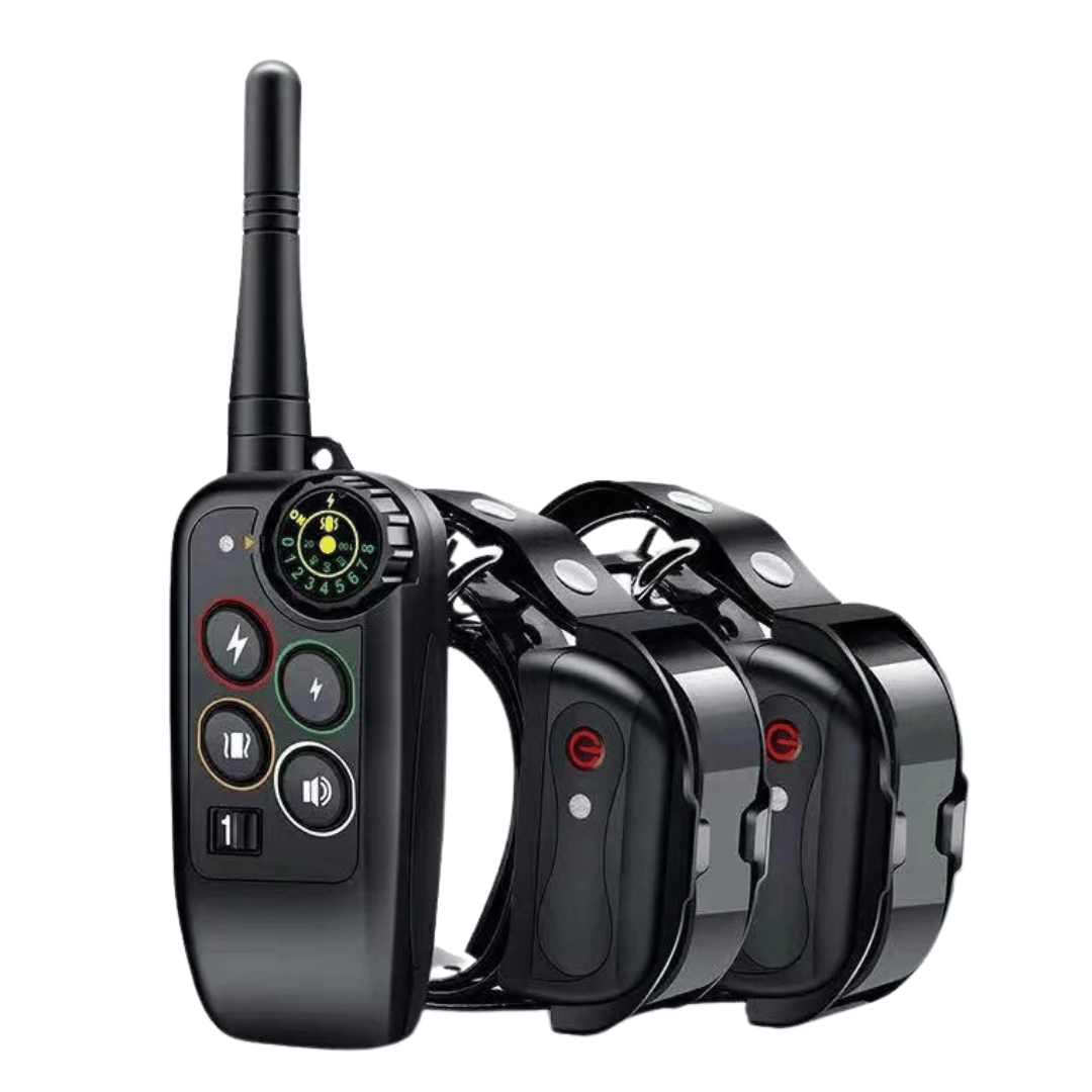 Black waterproof dog training remote with antenna and multiple collar receivers