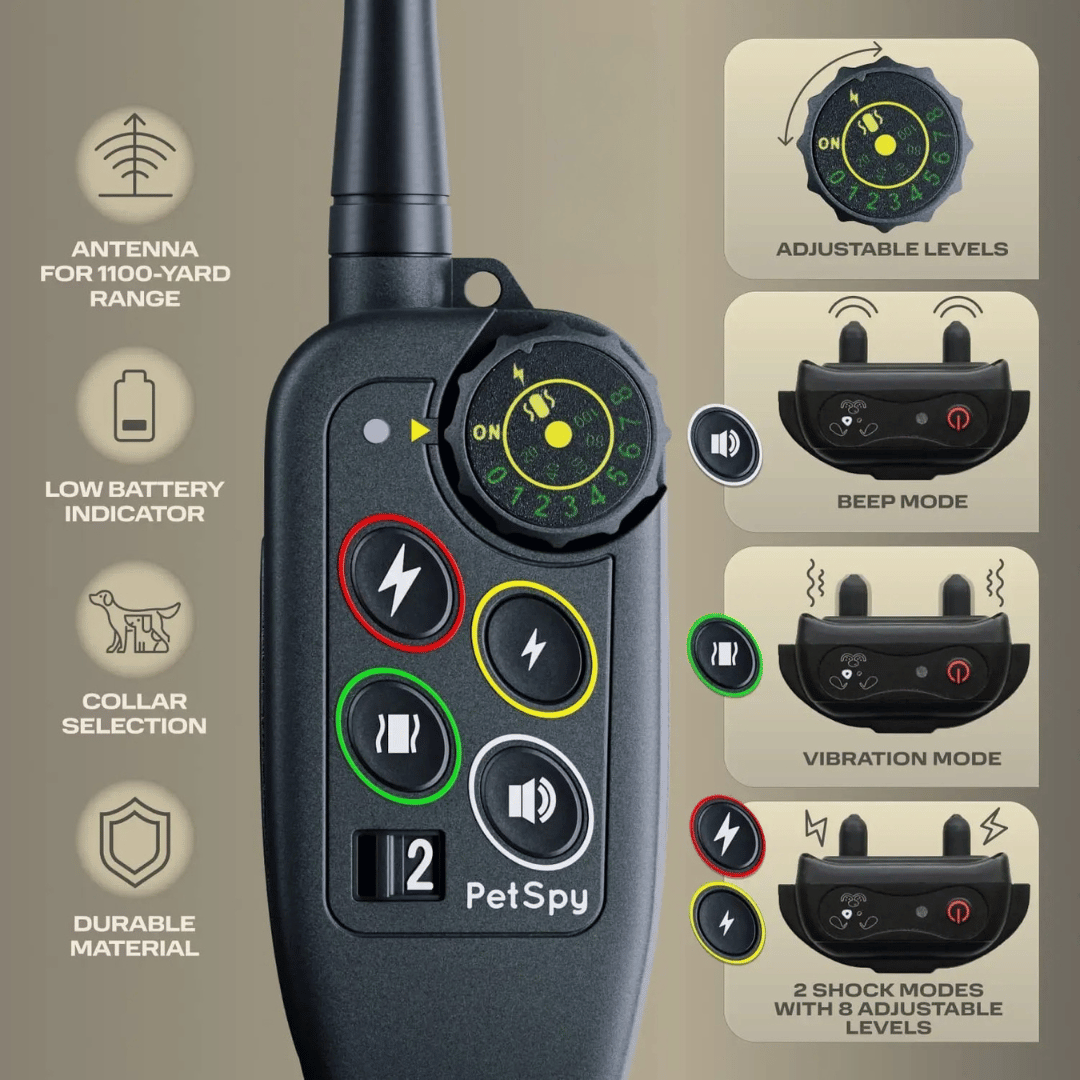 PetSpy waterproof dog training remote with antenna, buttons, and level dial