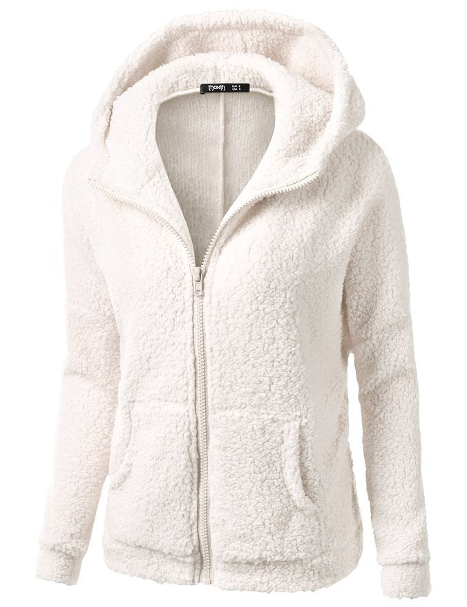 Ivory hooded full-zip soft fleece jacket with sherpa texture