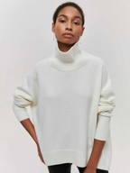 White knitted turtleneck sweater with long sleeves and ribbed hem and cuffs
