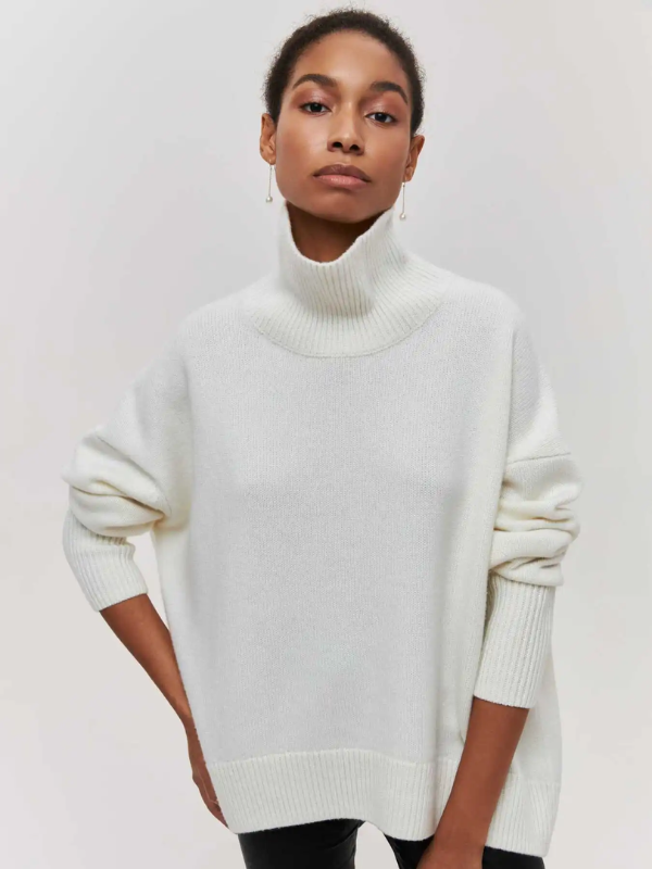 White knitted turtleneck sweater with long sleeves and ribbed hem and cuffs