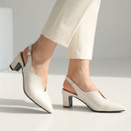 White pointed toe slingback sandals with block heel and sling strap