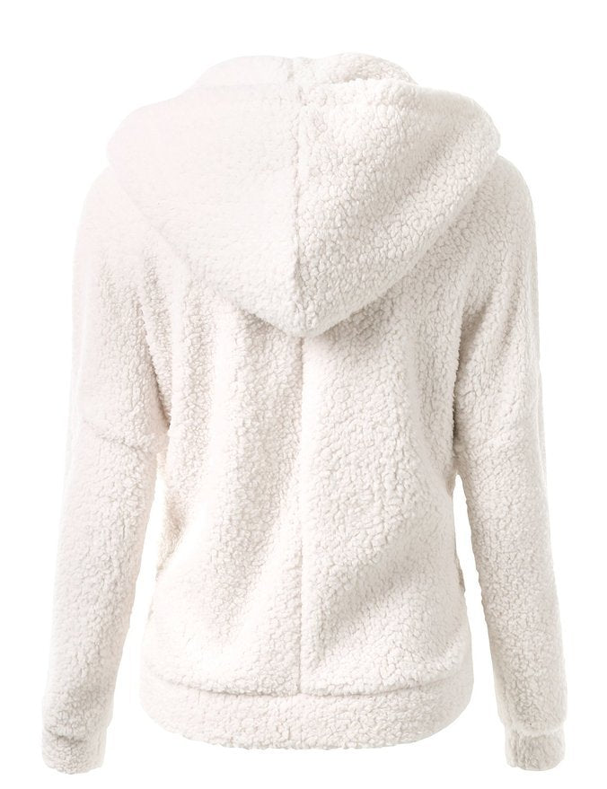 Cream hooded full-zip sherpa fleece jacket, back view