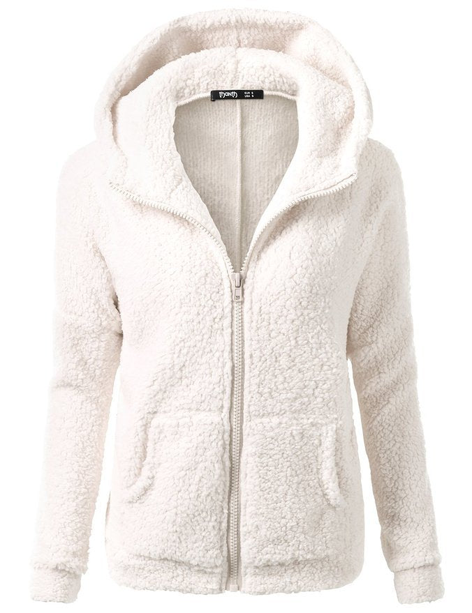 Soft fleece zip hoodie jacket with hood, off-white textured pile