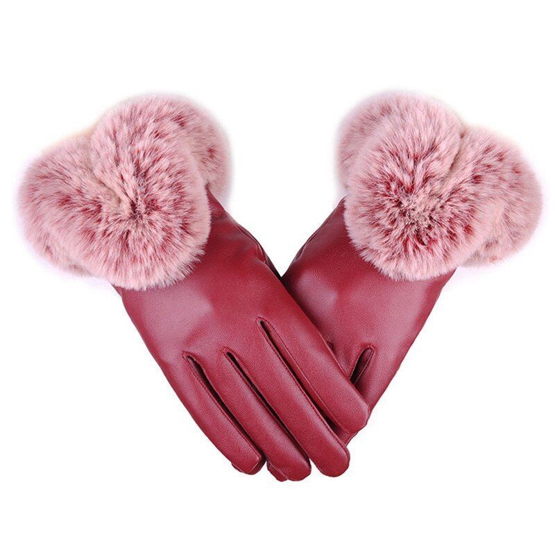 Burgundy leather gloves with soft pink faux fur cuffs and stitched fingertips.