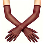 Sheer mesh elbow-length gloves in dark wine red, with smooth fitted wrist cuffs
