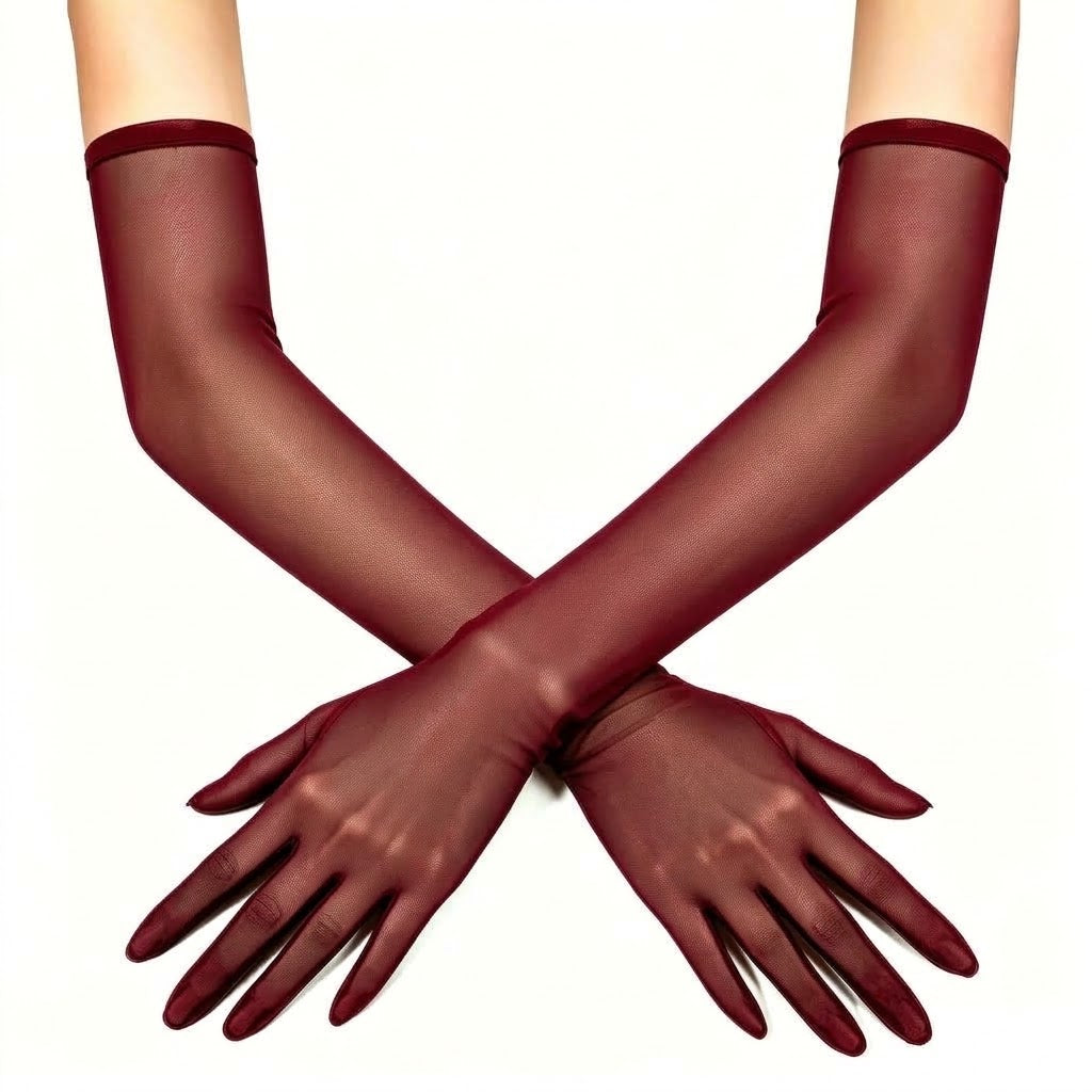 Sheer mesh elbow-length gloves in dark wine red, with smooth fitted wrist cuffs