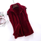 Burgundy red fleece bodywarmer vest with zip front and stand collar, sleeveless