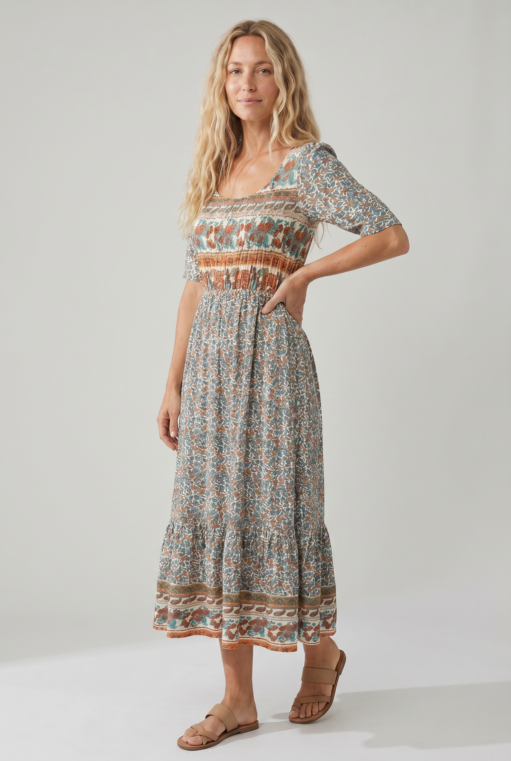 Boho print midi dress with short sleeves and gathered skirt with patterned border hem