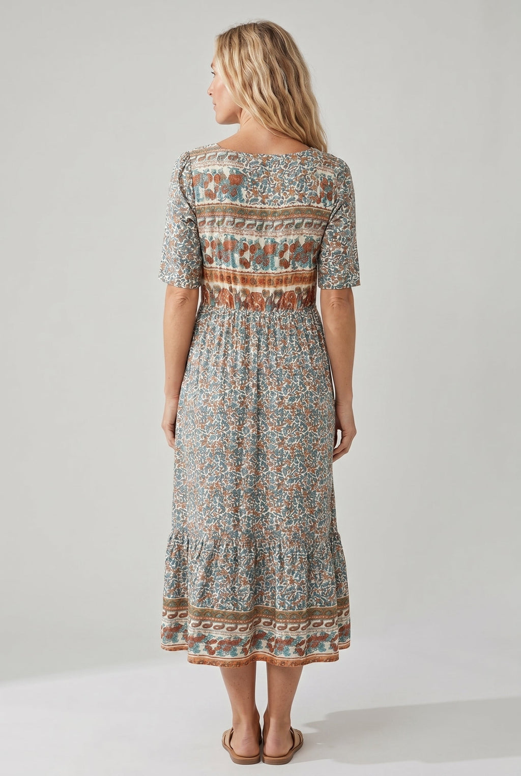 Boho print midi dress with gathered waist, 3/4 sleeves, multicolor border panel
