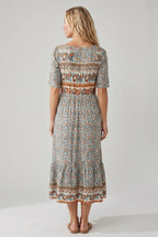 Boho print midi dress with gathered waist, 3/4 sleeves, multicolor border panel