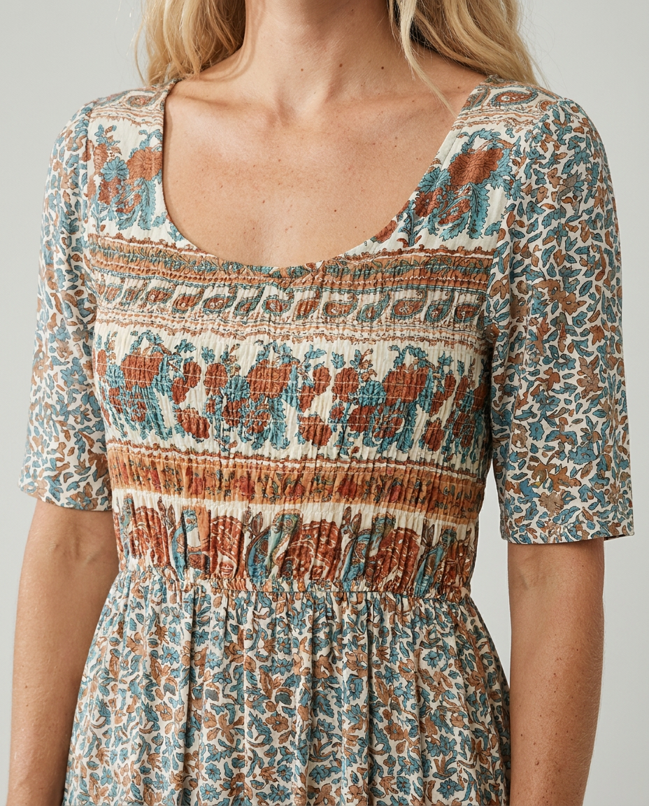 Boho print midi dress bodice with scoop neckline, smocked waist, teal floral pattern