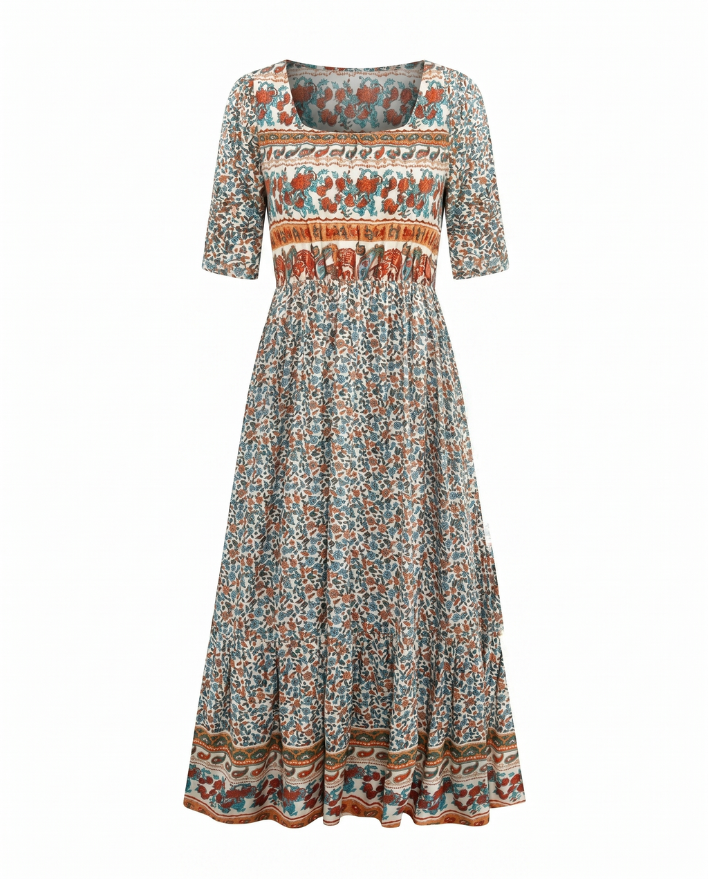 Boho print midi dress with yoke panel, tiered skirt, multicolor border hem