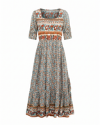 Boho print midi dress with yoke panel, tiered skirt, multicolor border hem