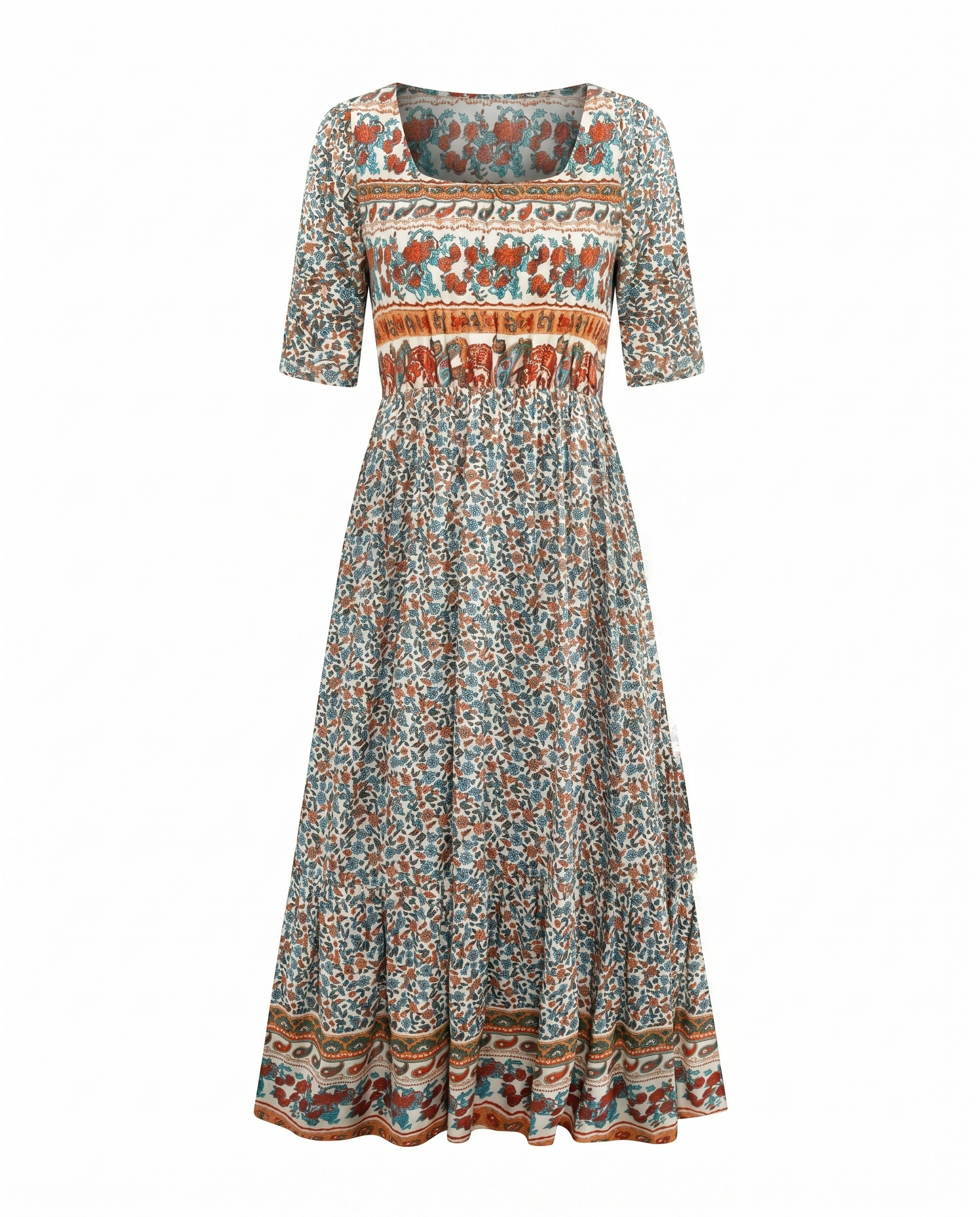 Boho print midi dress with yoke panel, tiered skirt, multicolor border hem