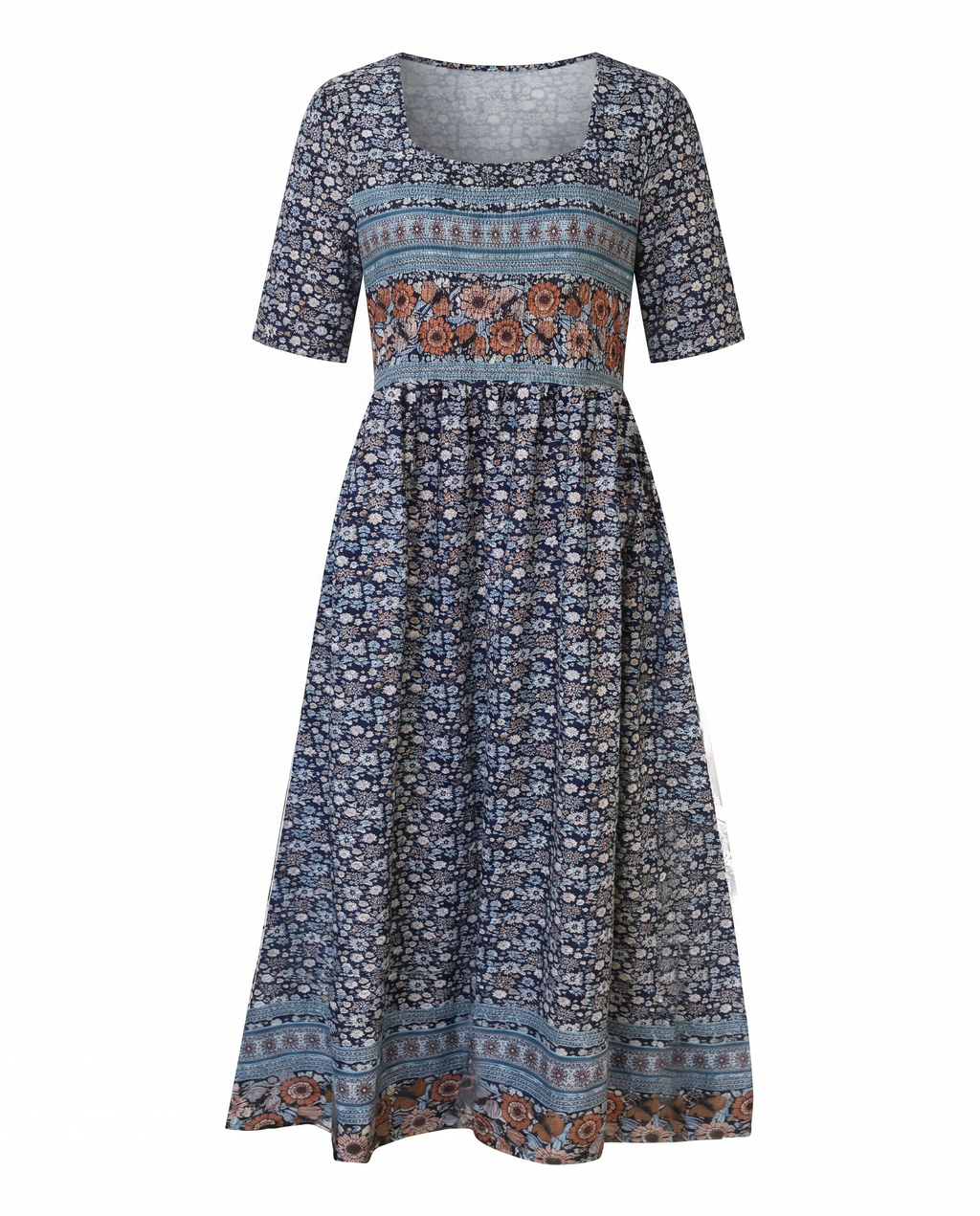 Boho print midi dress with square neckline, navy floral medallion border, 3/4 sleeves