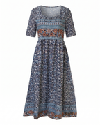 Boho print midi dress with square neckline, navy floral medallion border, 3/4 sleeves