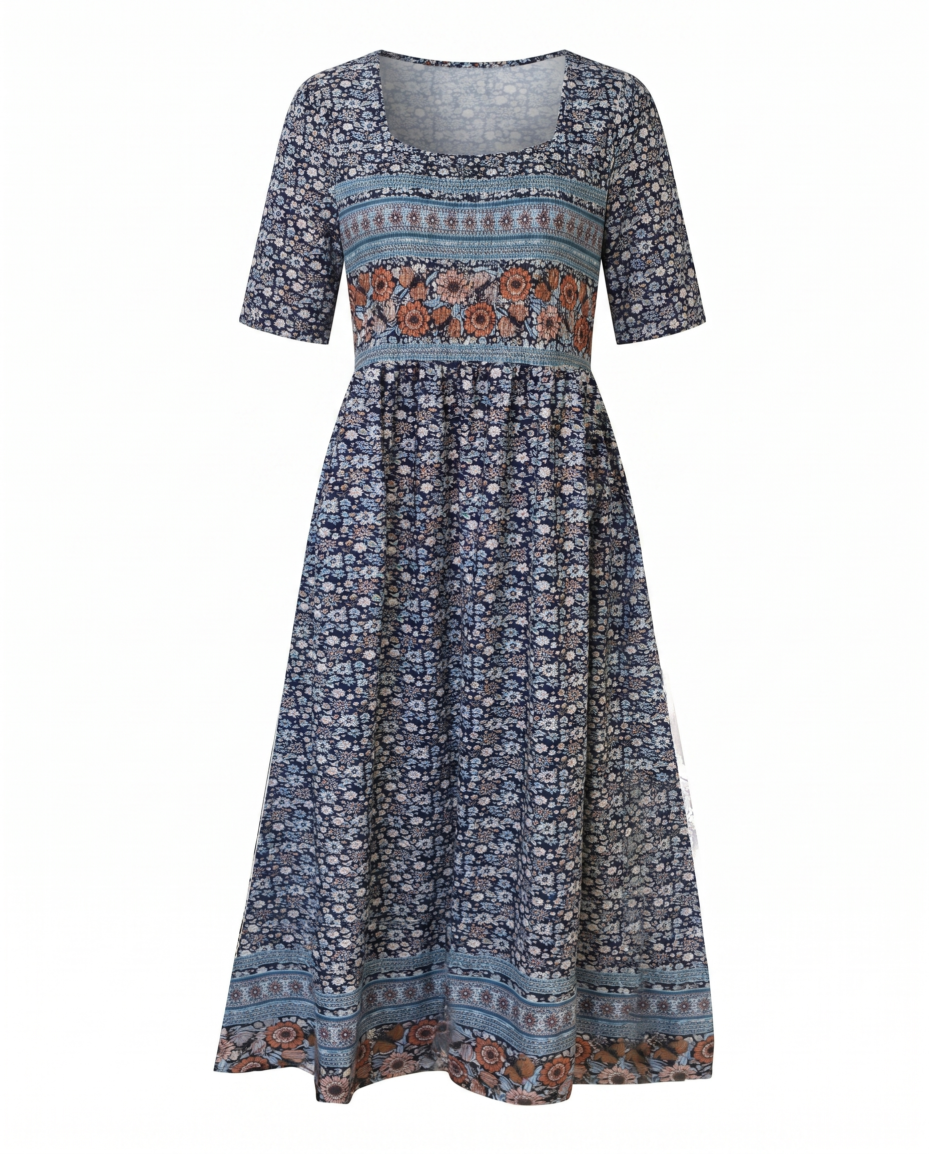 Boho print midi dress with square neckline, navy floral medallion border, 3/4 sleeves