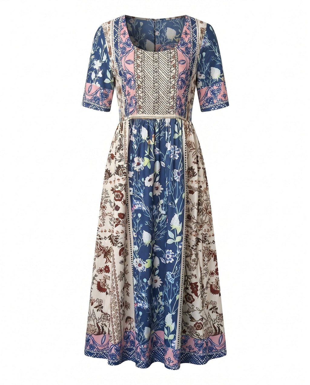 Boho print midi dress with scoop neckline, navy floral and cream patch panels, 3/4 sleeves