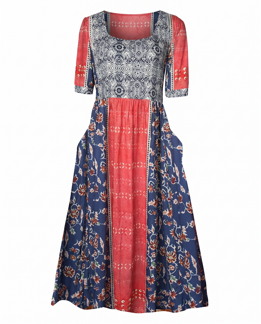 Boho print midi dress with scoop neckline, red center panel, navy floral hem, 3/4 sleeves