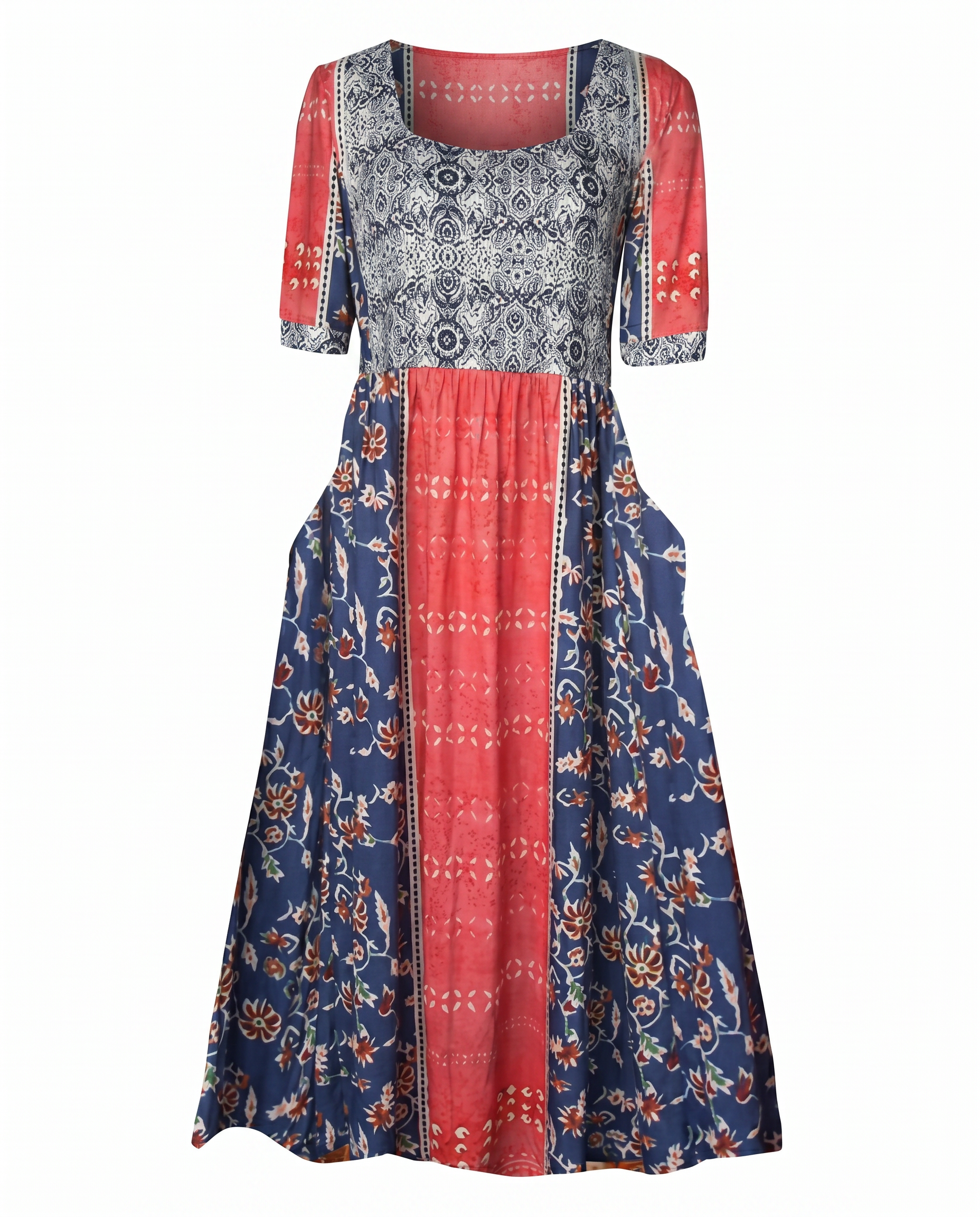 Boho print midi dress with scoop neckline, red center panel, navy floral hem, 3/4 sleeves