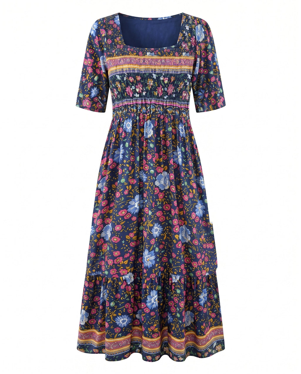 Boho print midi dress with scoop neckline, smocked waist, and 3/4 sleeves