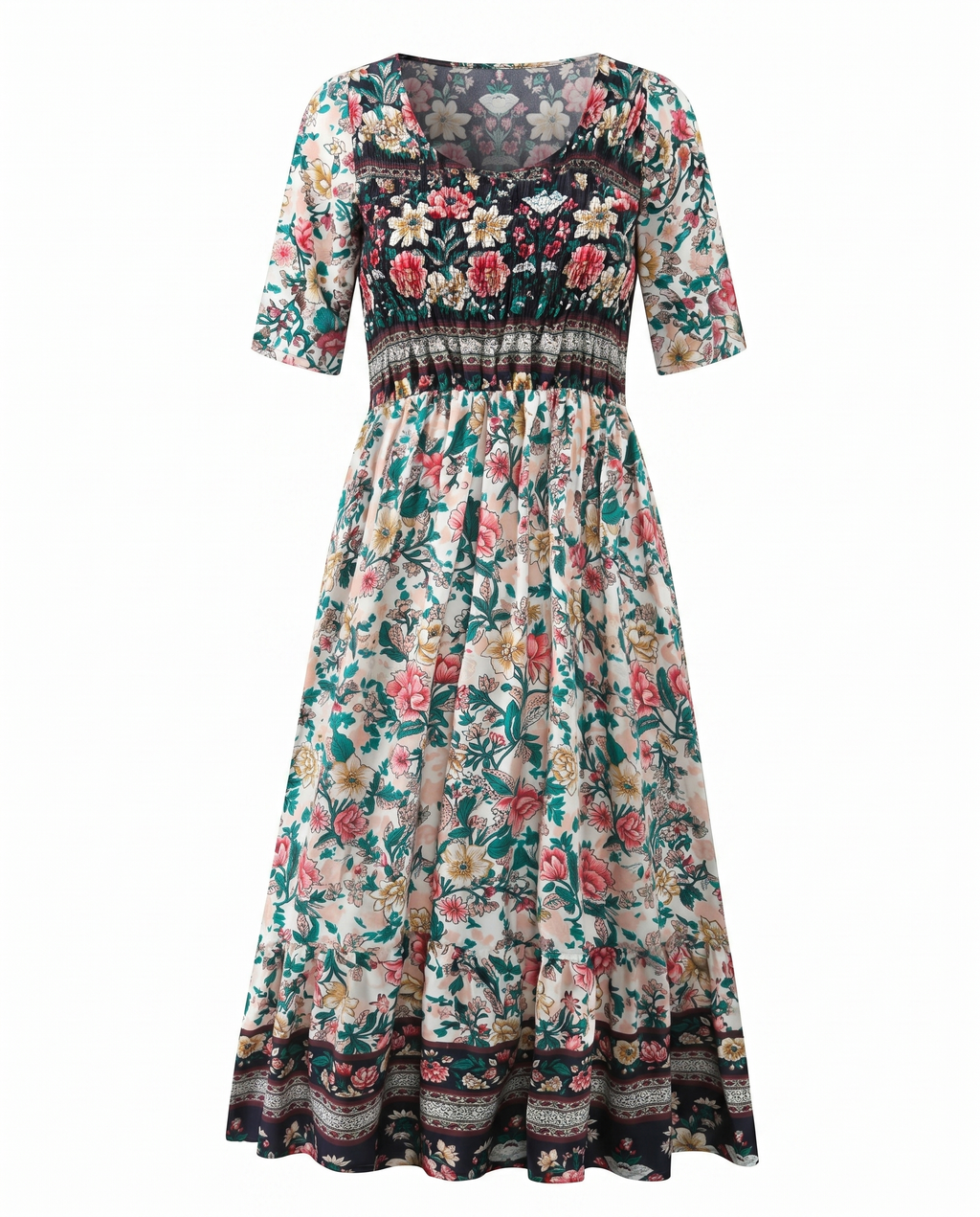 Boho print midi dress with square neckline, gathered waist, and 3/4 sleeves